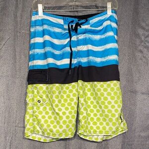 Vibrant Blue and Green Kids Swim Board Shorts